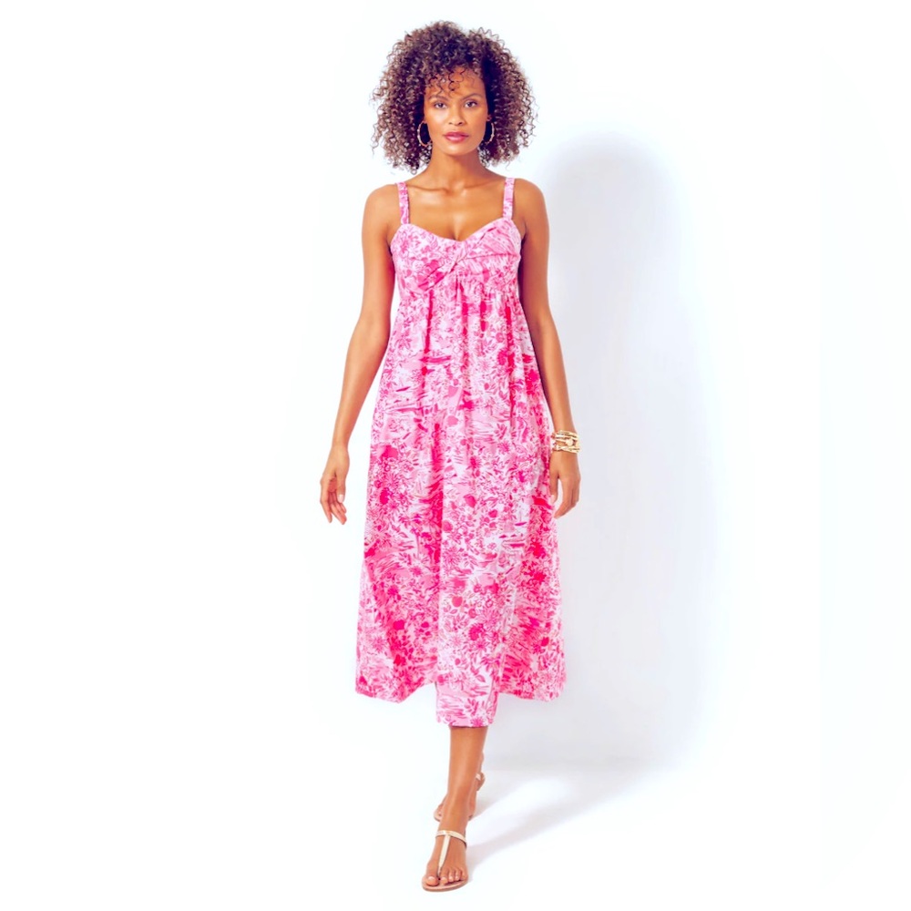 NWT! Lilly Pulitzer Azora Cotton Midi Dress - Peony Pink Seaside Scene. Size 14